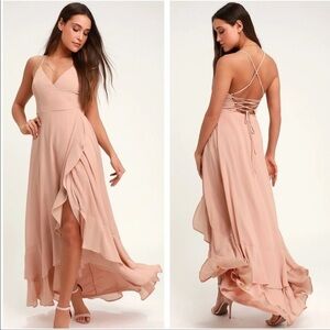 Lulus in love forever nude pink lace up maxi dress size xs